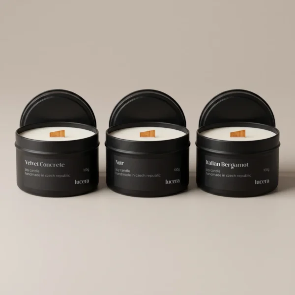 Discovery Set MAISON LUCERA – tři plechové svíčky 100 g: Velvet Concrete, Noir a Italian Bergamot