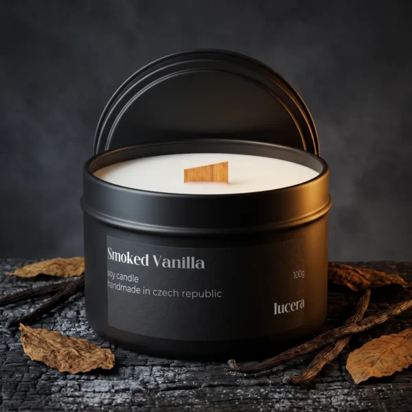 Svíčka Lucera Smoked Vanilla v černé plechovce na ohořelém dřevě mezi vanilkovými lusky a tabákovými listy