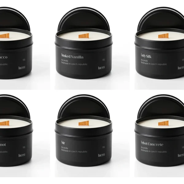 Všech šest vůní svíček Lucera v černých plechovkách 100 g – Midnight Tobacco, Smoked Vanilla, Lady Silk, Italian Bergamot, Noir a Velvet Concrete